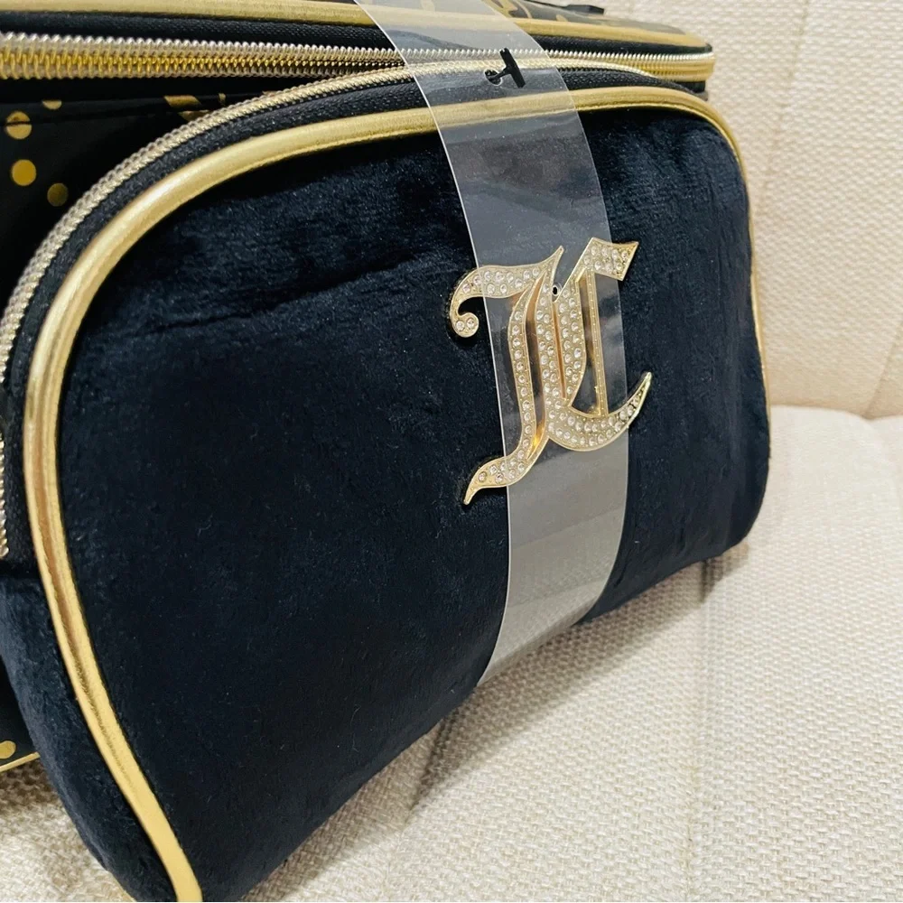NEW Juicy Couture Black Gold Monogram Train Case Makeup Bag 2pc‎ Set Rhinestone